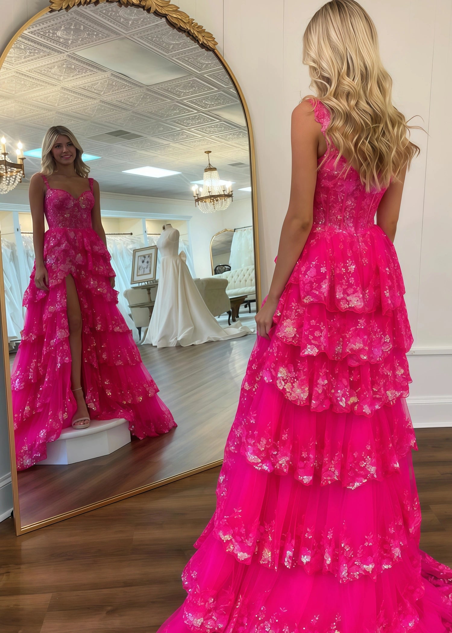 Ball Gown Tiered Fuchsia Prom Dress Corset Layered Sweetheart