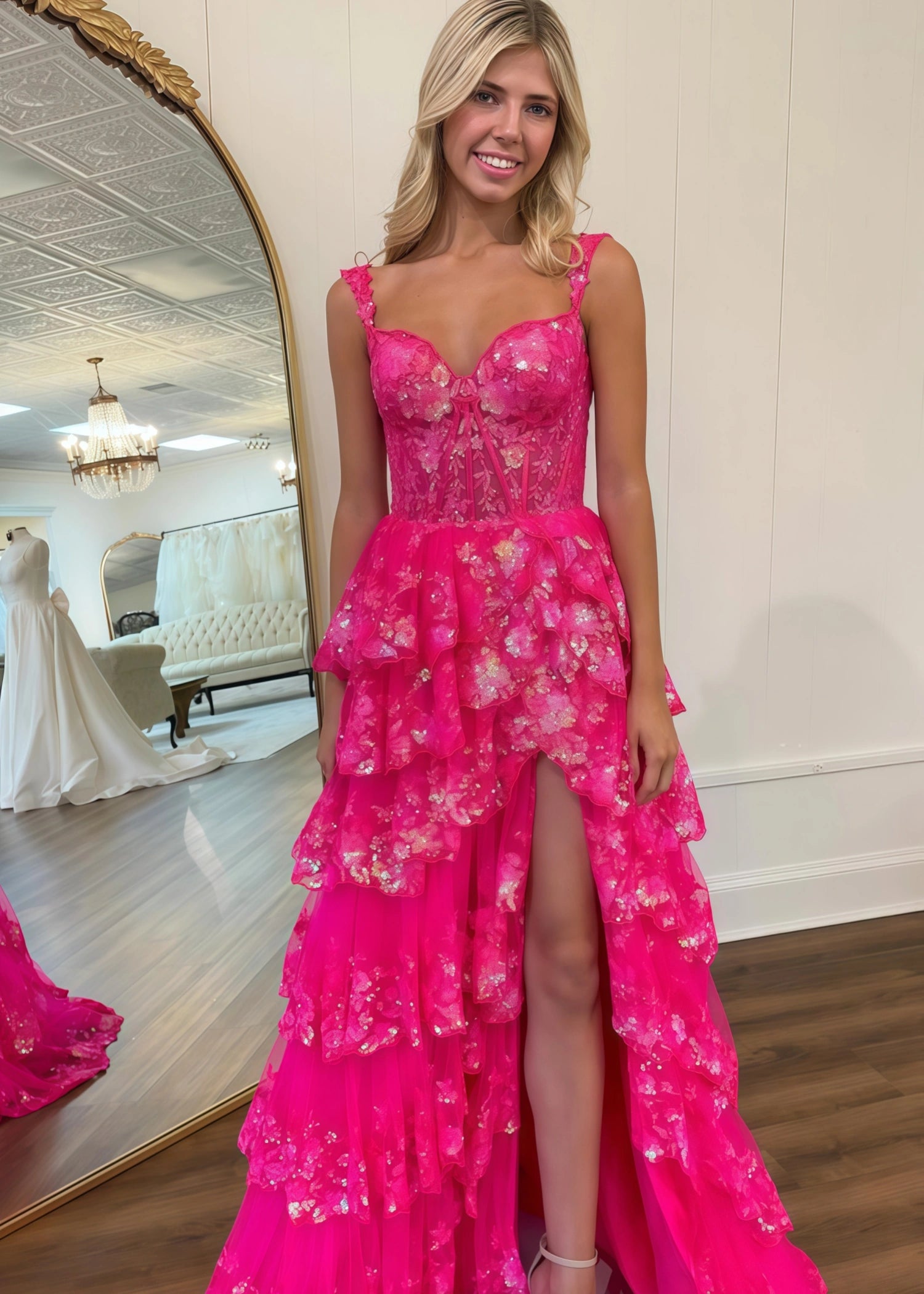 Ball Gown Tiered Fuchsia Prom Dress Corset Layered Sweetheart