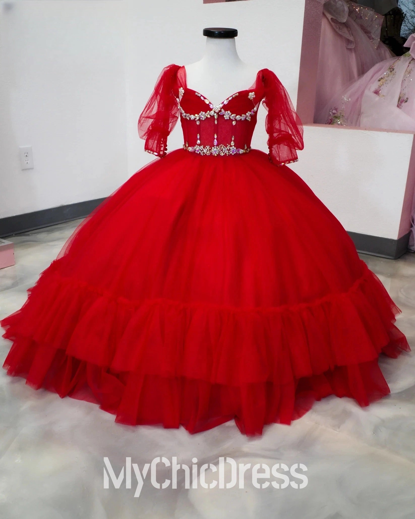 Ball Gown Tulle Girls Red Mini Quinceanera Dress with Rhinestones Mychicdress