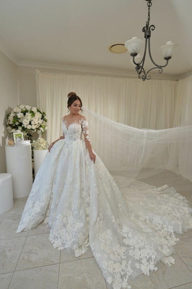Ball Gown Vintage Lace Wedding Dress Long Sleeves with 3D Florals