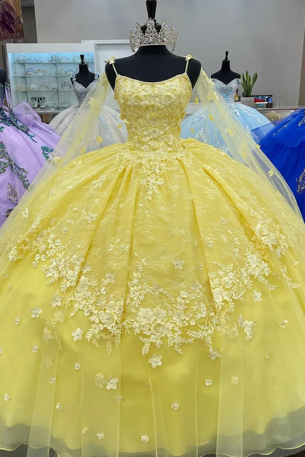 Ball Gown Yellow Quinceanera Dress Tulle Applique with Shawl