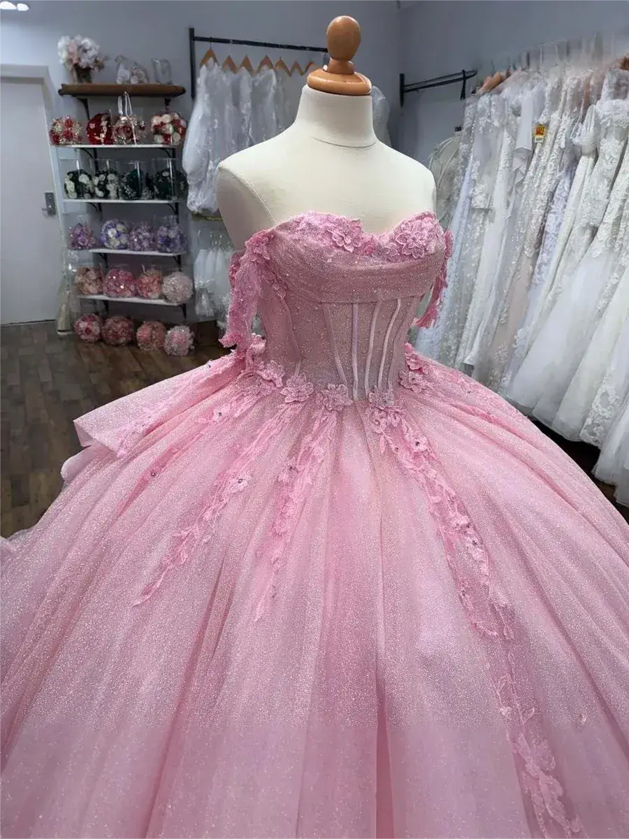 Ball Gowns Pink 15 Quince Dress Lace Princess Birthday Party XV Dress