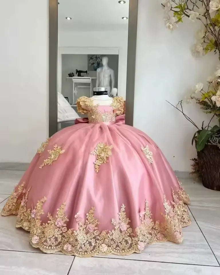 Ball Gowns Pink Flower Girls Dress Gold Lace Mini Quince Dress