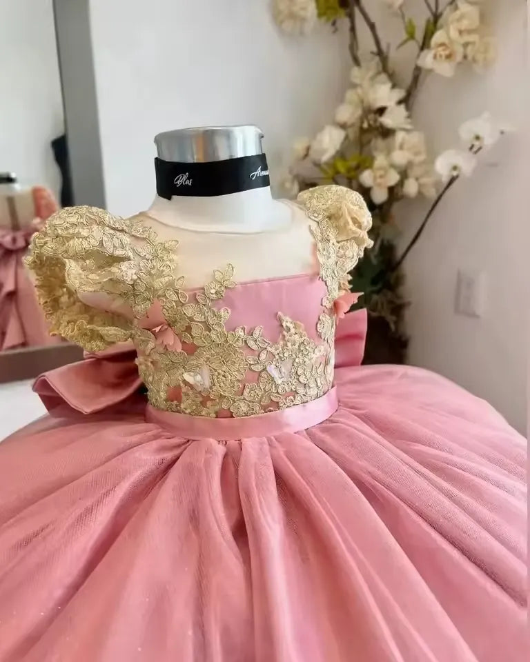 Ball Gowns Pink Flower Girls Dress Gold Lace Mini Quince Dress
