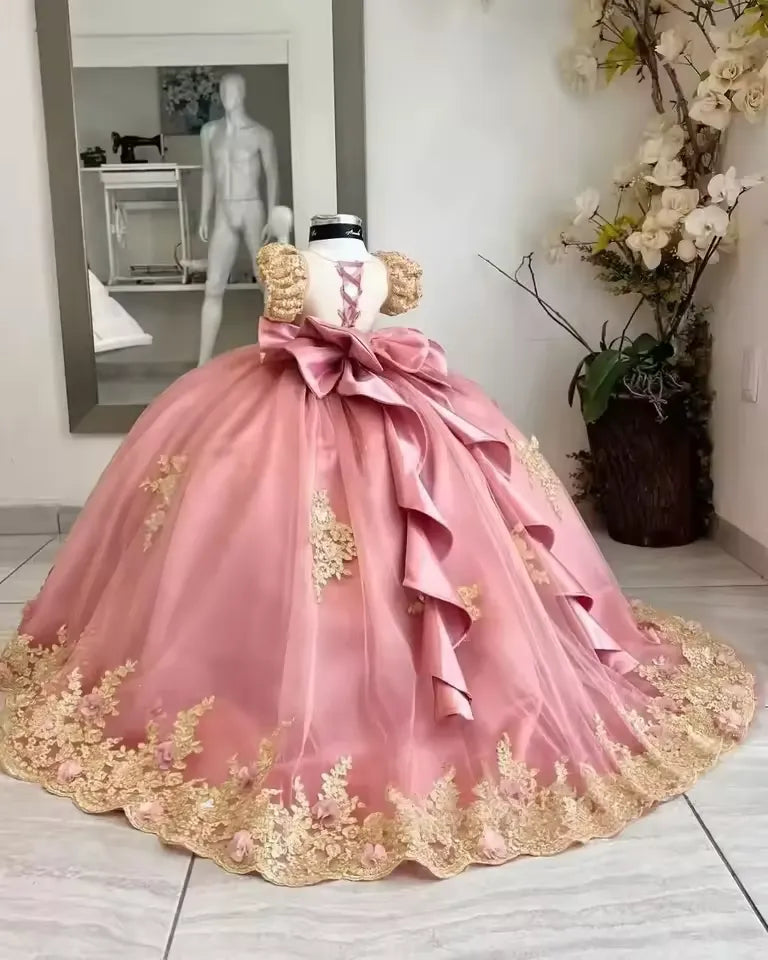 Ball Gowns Pink Flower Girls Dress Gold Lace Mini Quince Dress