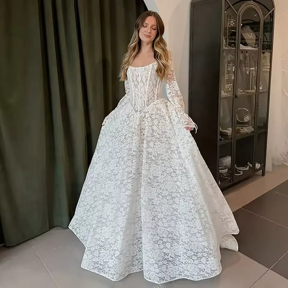 Basque Waist Square Neck Lace Wedding Dress Long Sleeve Ceremony Bridal Gowns