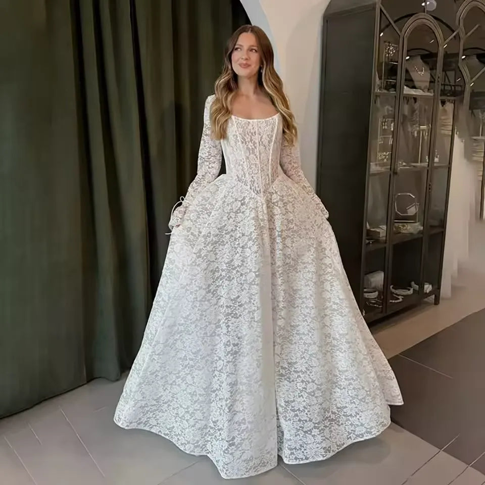 Basque Waist Square Neck Lace Wedding Dress Long Sleeve Ceremony Bridal Gowns