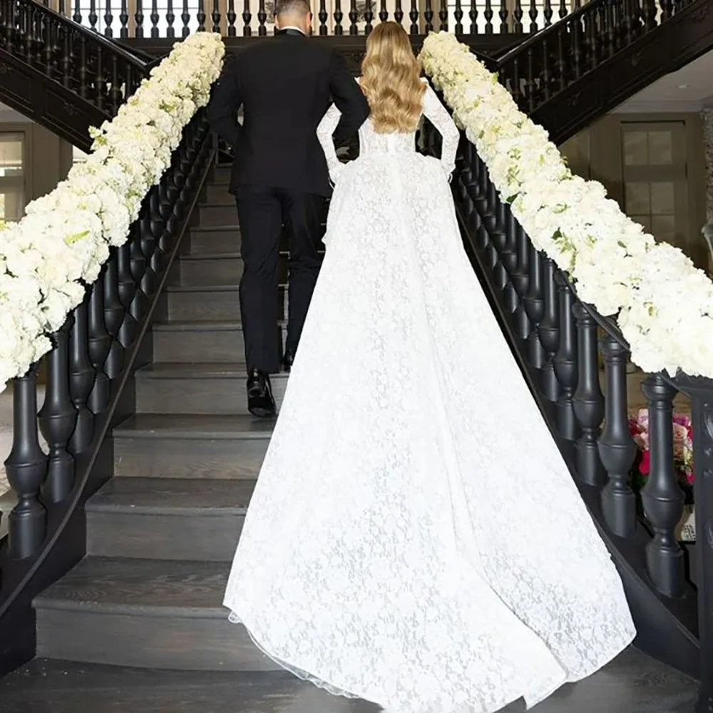 Basque Waist Square Neck Lace Wedding Dress Long Sleeve Ceremony Bridal Gowns