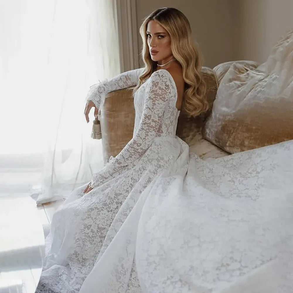 Basque Waist Square Neck Lace Wedding Dress Long Sleeve Ceremony Bridal Gowns