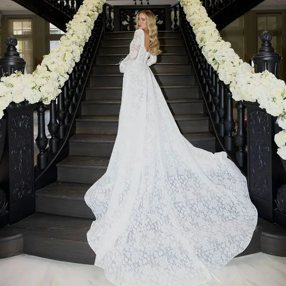 Basque Waist Square Neck Lace Wedding Dress Long Sleeve Ceremony Bridal Gowns