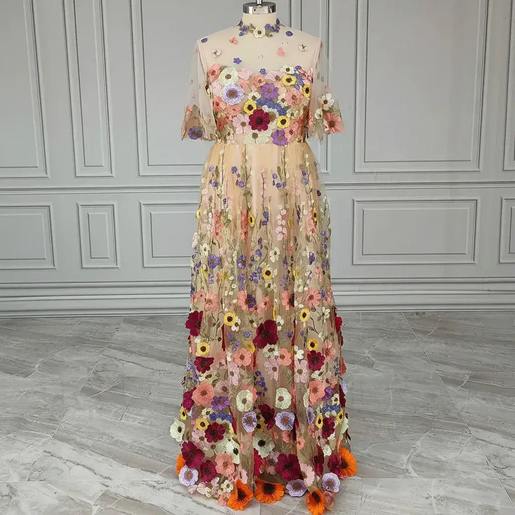 Beach High Neck Floral Wedding Dress Short Sleeve Tulle A-Line