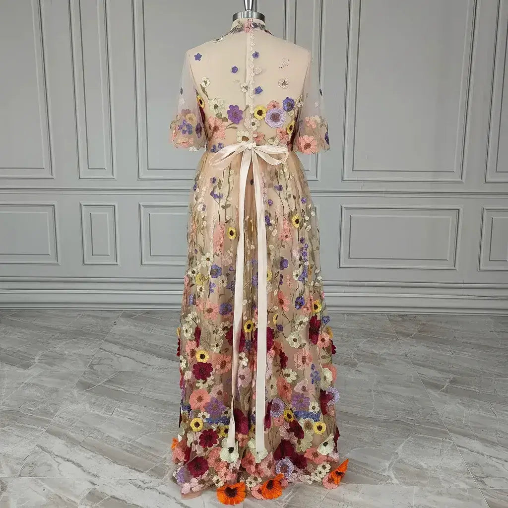Beach High Neck Floral Wedding Dress Short Sleeve Tulle A-Line
