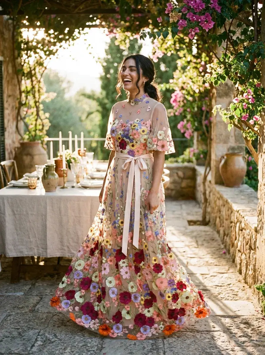 Beach High Neck Floral Wedding Dress Short Sleeve Tulle A-Line