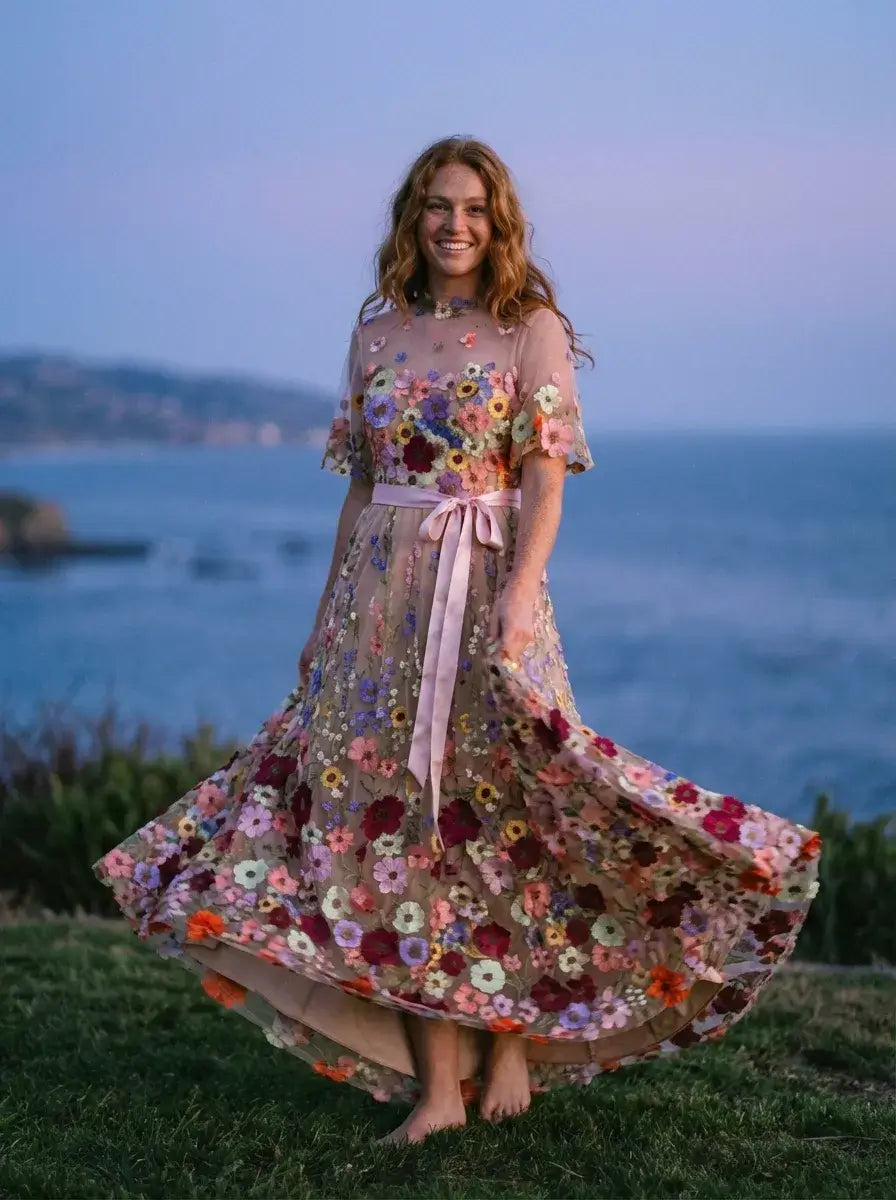 Beach High Neck Floral Wedding Dress Short Sleeve Tulle A-Line