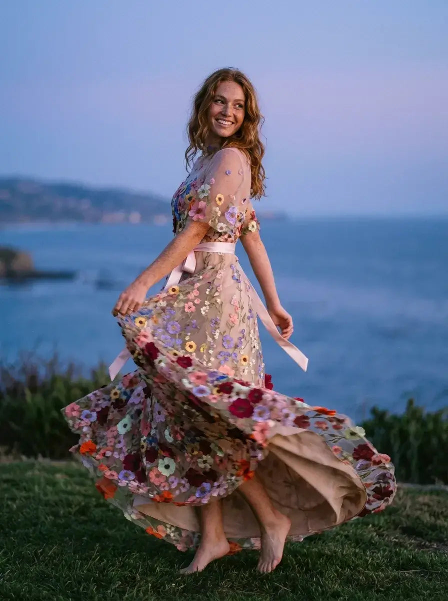 Beach High Neck Floral Wedding Dress Short Sleeve Tulle A-Line
