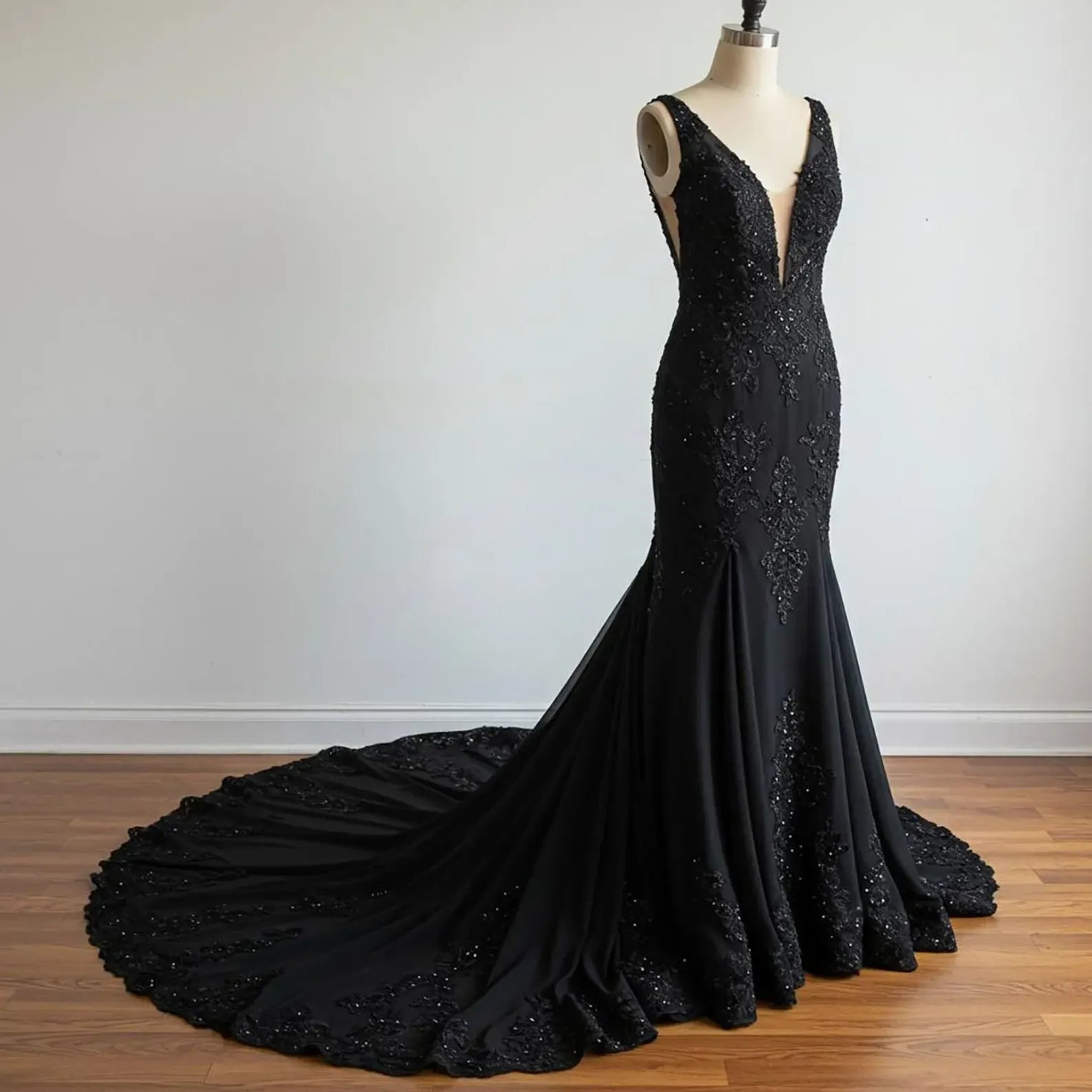 Beaded Lace Gothic Wedding Dress Black V Neck Sleeveles