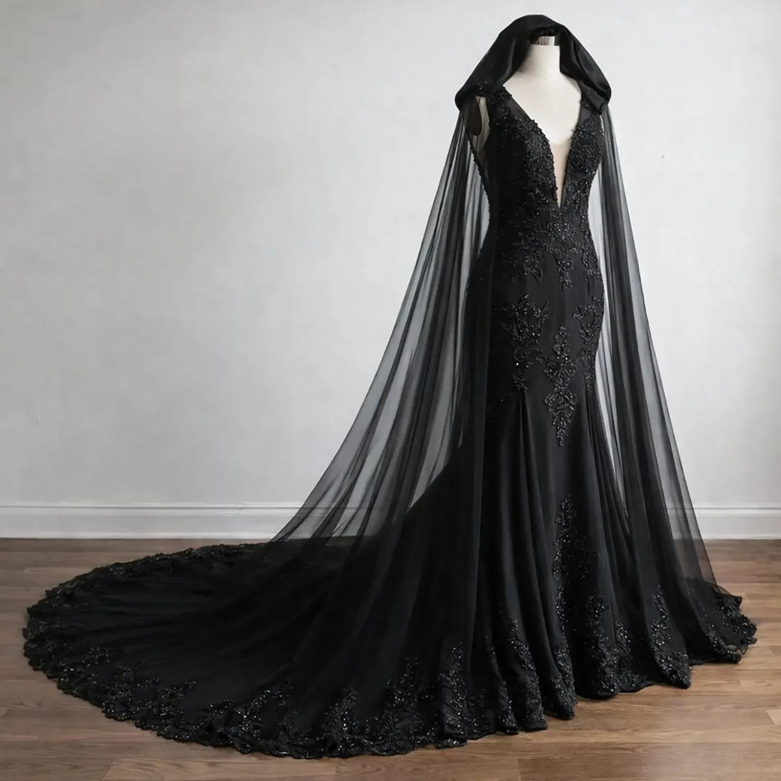 Beaded Lace Gothic Wedding Dress Black V Neck Sleeveles