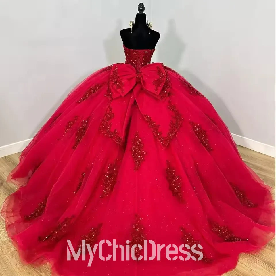 Birthday Party Strapless Red Quinceanera Dresses Tulle Applique Bow