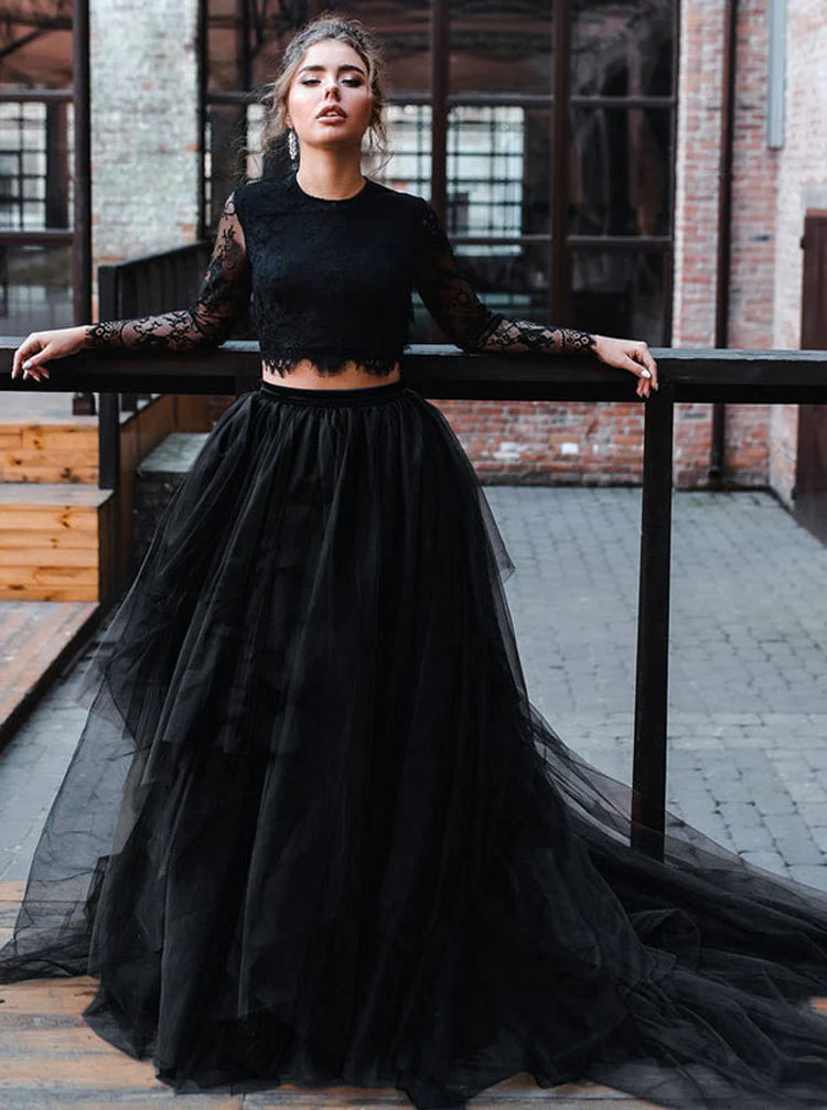 Black 2 Piece Wedding Dress With Sleeves,Black Burgundy Wedding Dress Mychicdress
