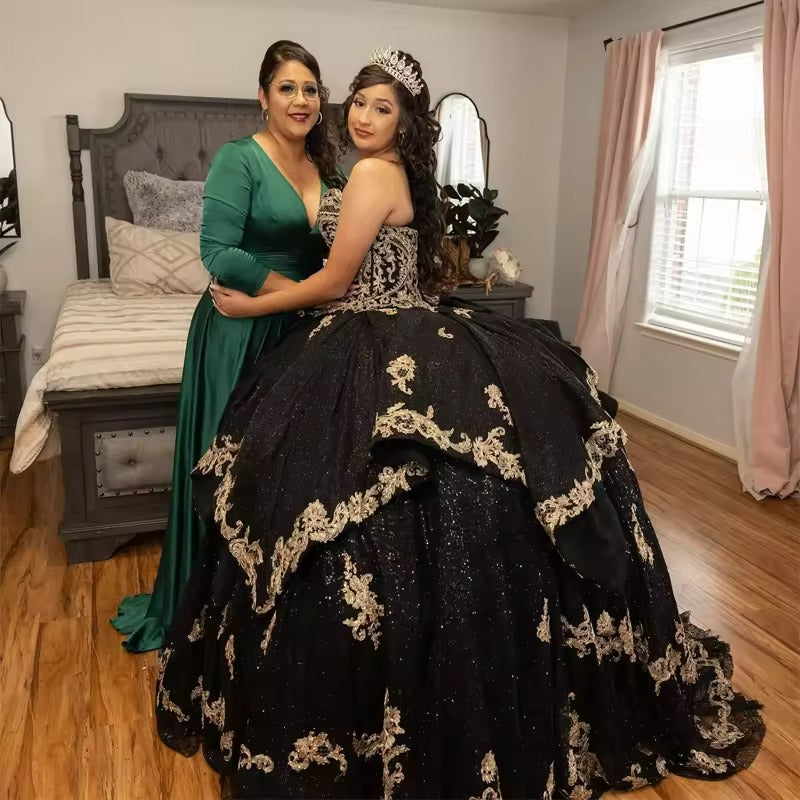 Black And Gold Quinceanera Dress Strapless, Princess Vestidos De 15 Anos Mychicdress