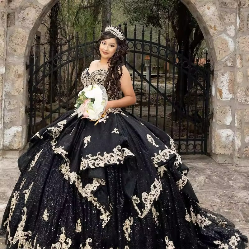 Black And Gold Quinceanera Dress Strapless, Princess Vestidos De