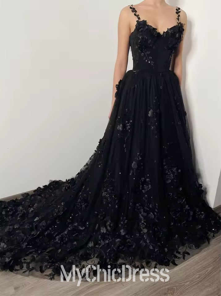 Mychicdress Black Floral Gothic Wedding Dresses with 3D Flower Sweep Train