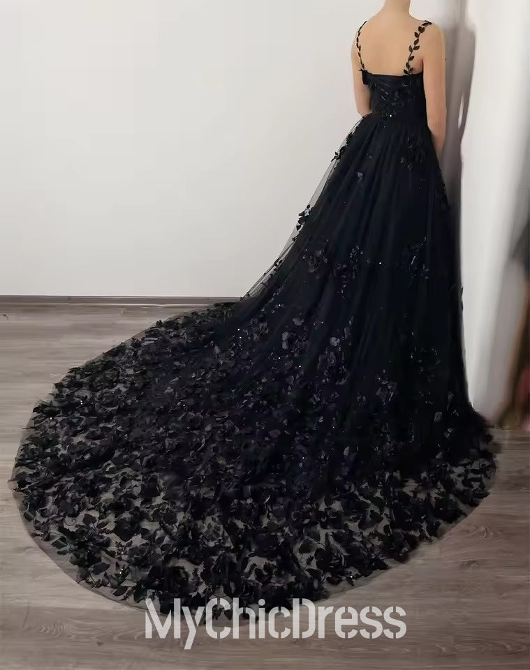Mychicdress Black Floral Gothic Wedding Dresses with 3D Flower Sweep Train