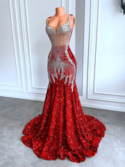 Black Girls Red Prom Dresses Luxury Silver Diamond Crystals Mermaid Mychicdress