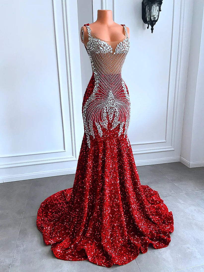 Black Girls Red Prom Dresses Luxury Silver Diamond Crystals Mermaid Mychicdress