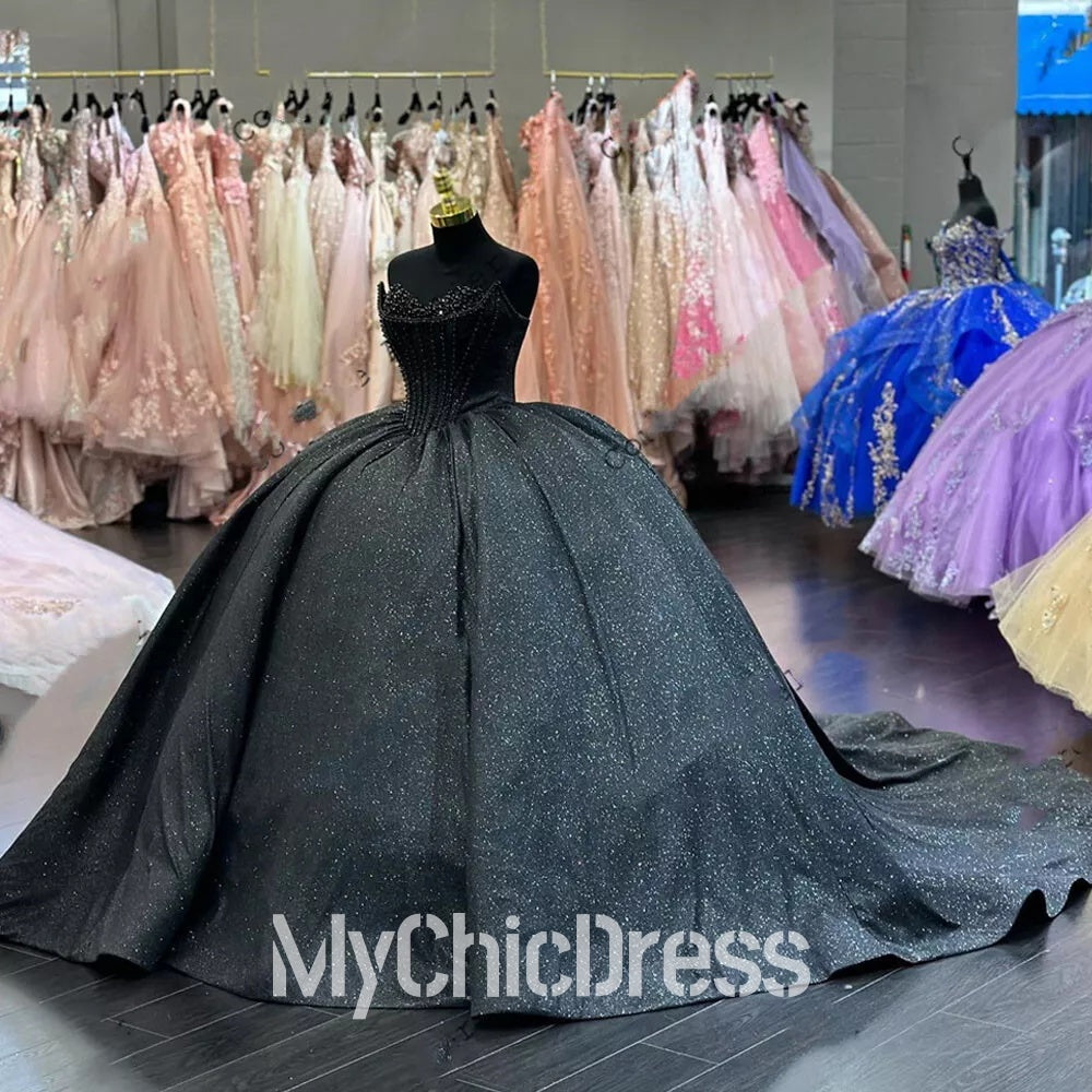 Black Glitter Sweet 16 Quinceanera Dress Corset Off Shoulder Birthday Gowns Mychicdress