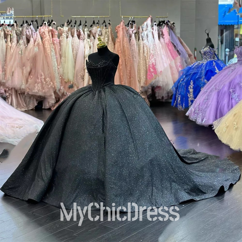 Black Glitter Sweet 16 Quinceanera Dress Corset Off Shoulder Birthday Gowns Mychicdress