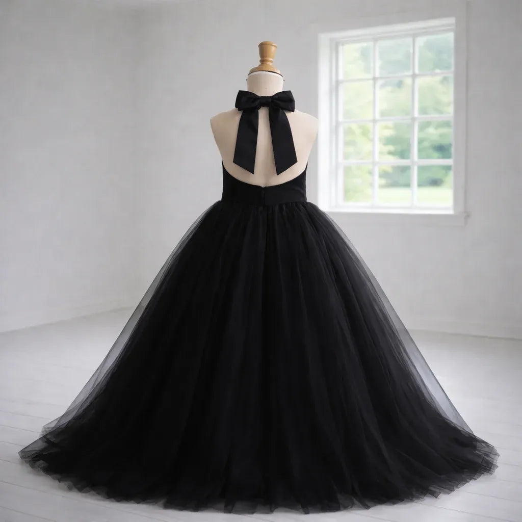Black Tulle Flower Girl Dress Halter Sleeveless with Beaded