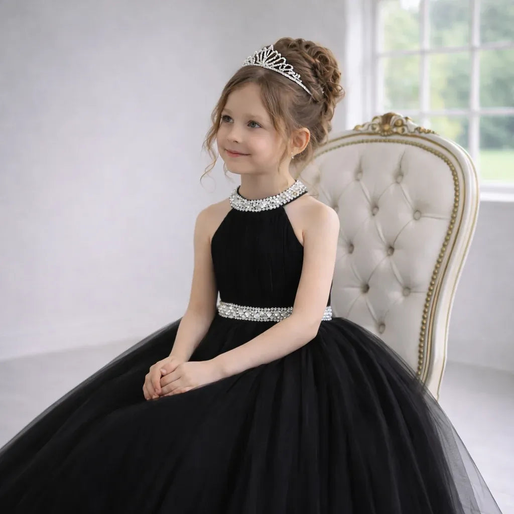 Black Tulle Flower Girl Dress Halter Sleeveless with Beaded