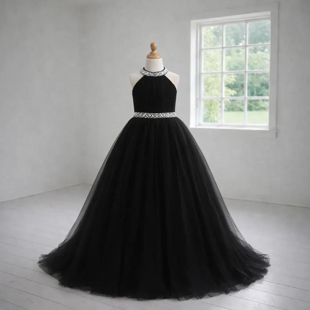 Black Tulle Flower Girl Dress Halter Sleeveless with Beaded