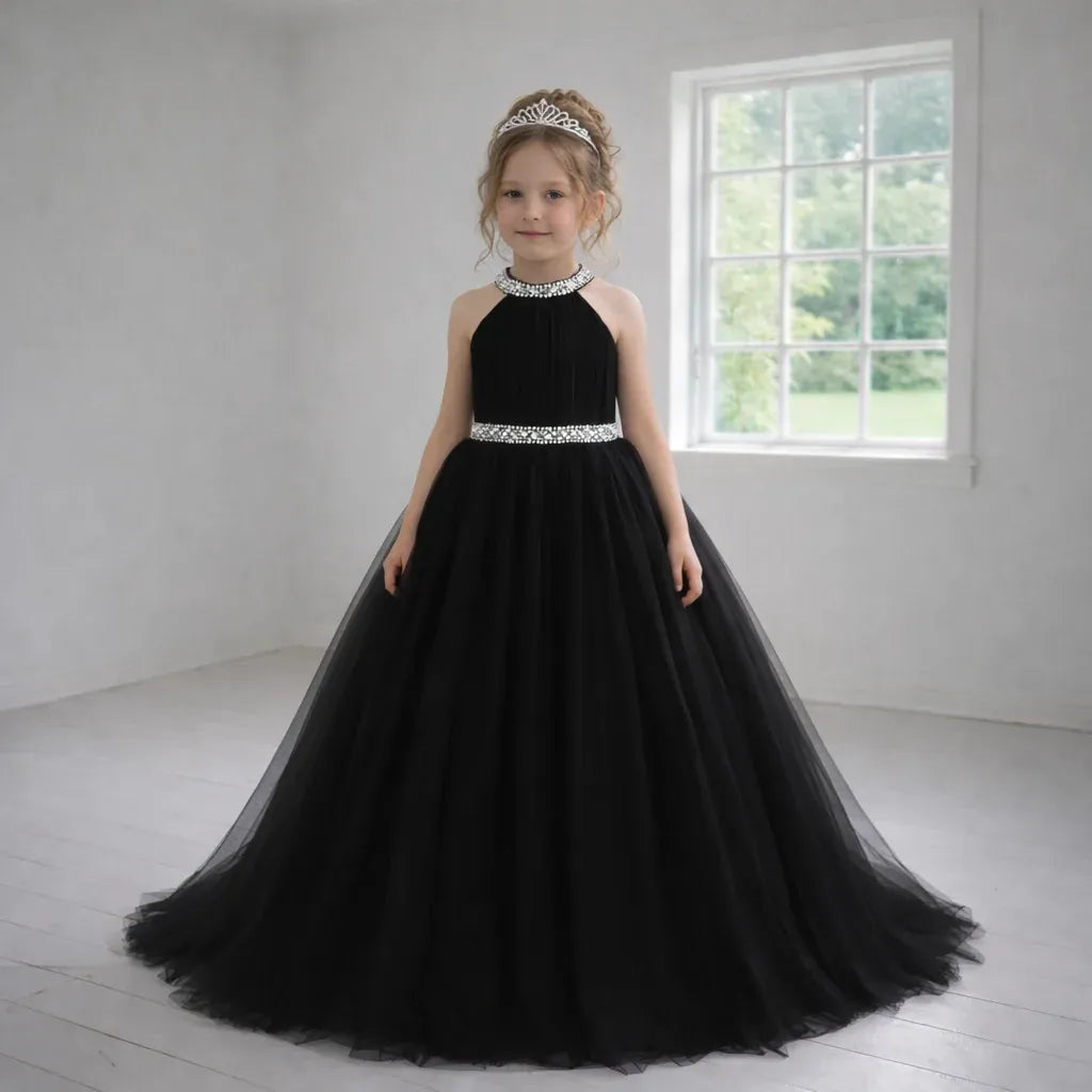 Black Tulle Flower Girl Dress Halter Sleeveless with Beaded