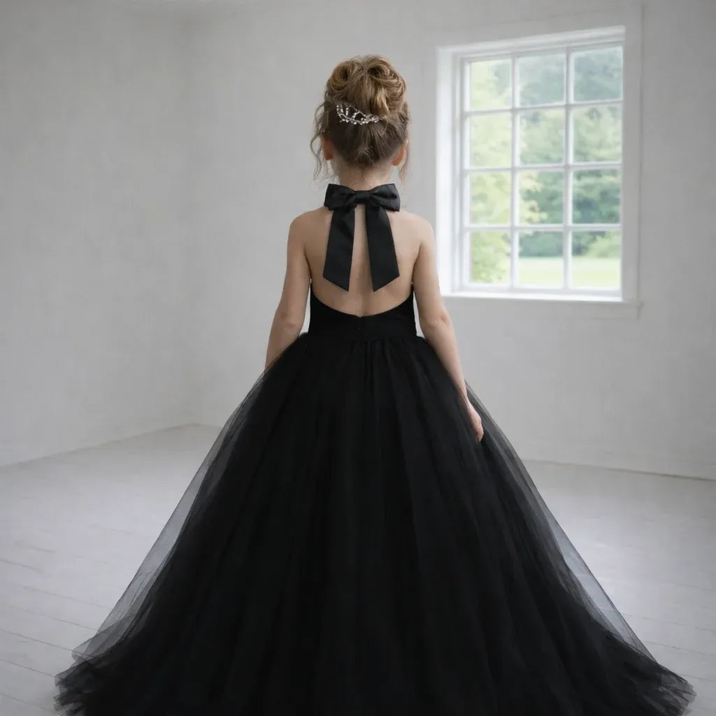 Black Tulle Flower Girl Dress Halter Sleeveless with Beaded
