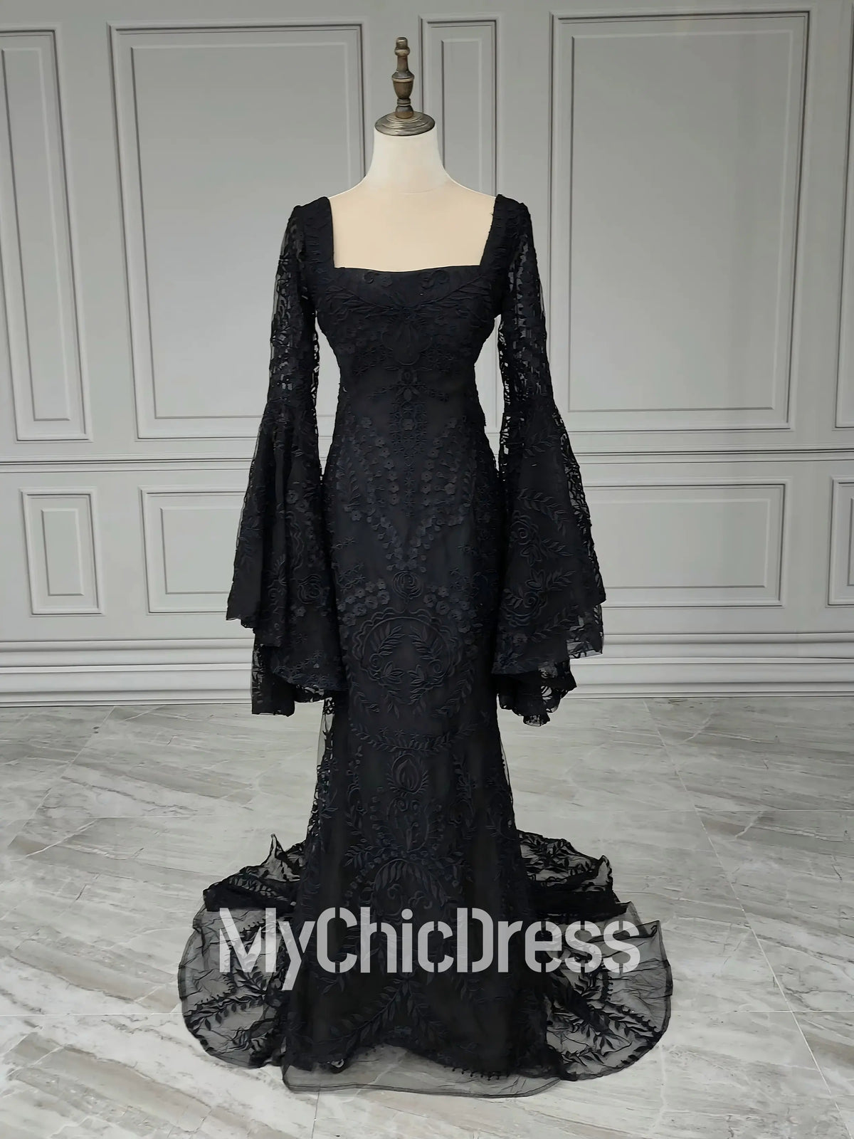 Lace Black Boho Wedding Dress with Bell Sleeves for Whimsical Boho Bride
