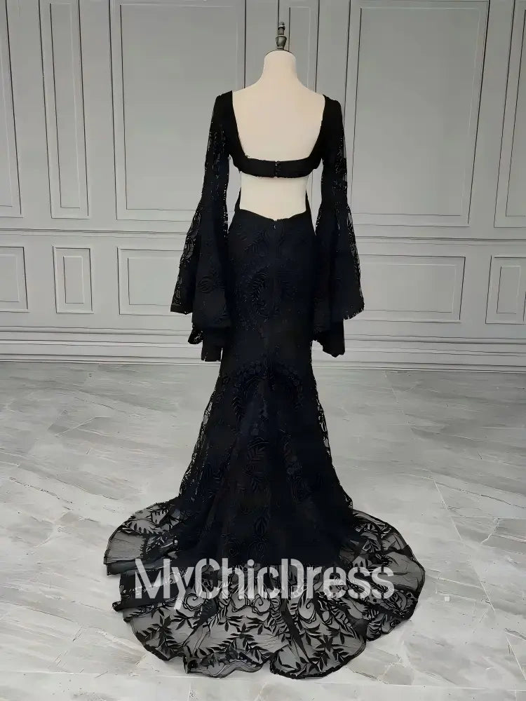 Lace Black Boho Wedding Dress with Bell Sleeves for Whimsical  Bride