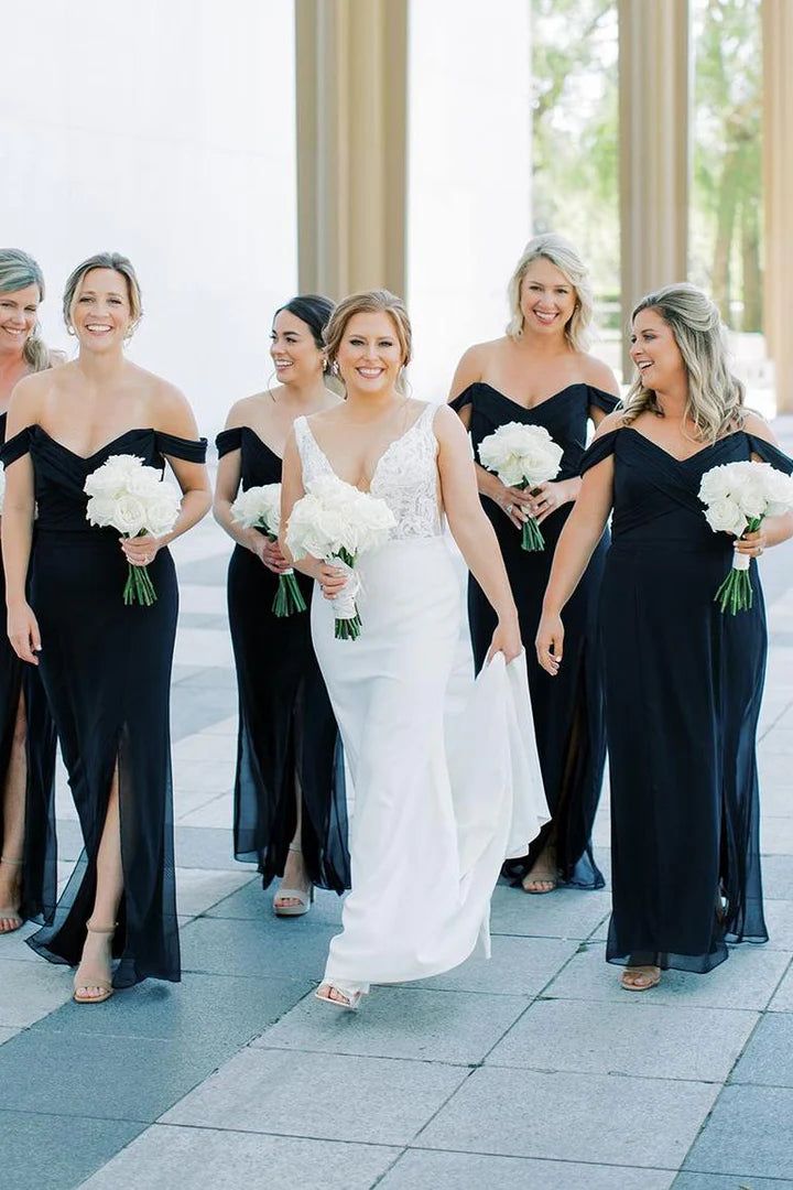 Black Off-Shoulder Bridesmaid Dress Beach Summer Wedding