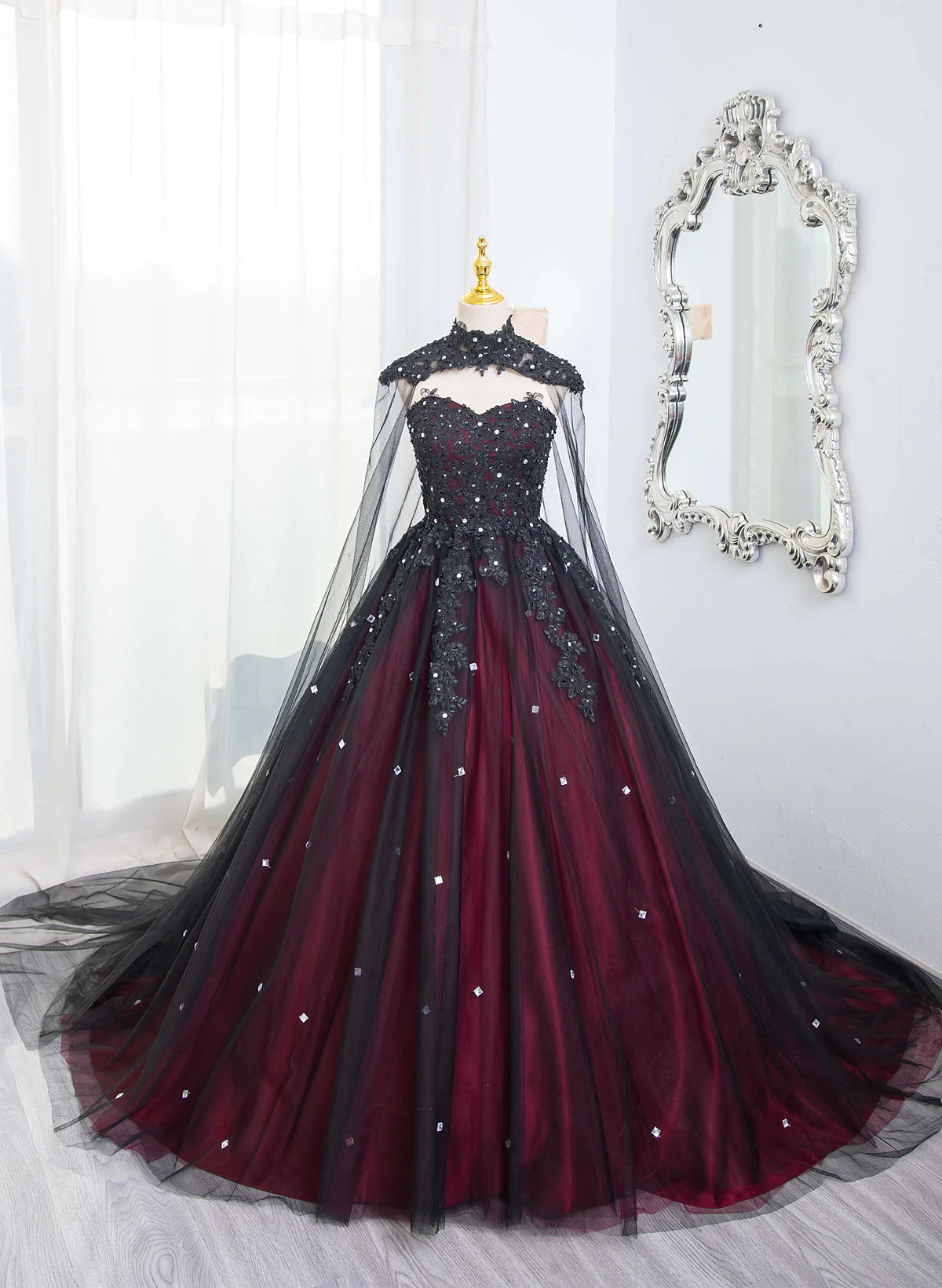 Black Red Wedding Dress with Cape for Brides Lace Appliques Beaded