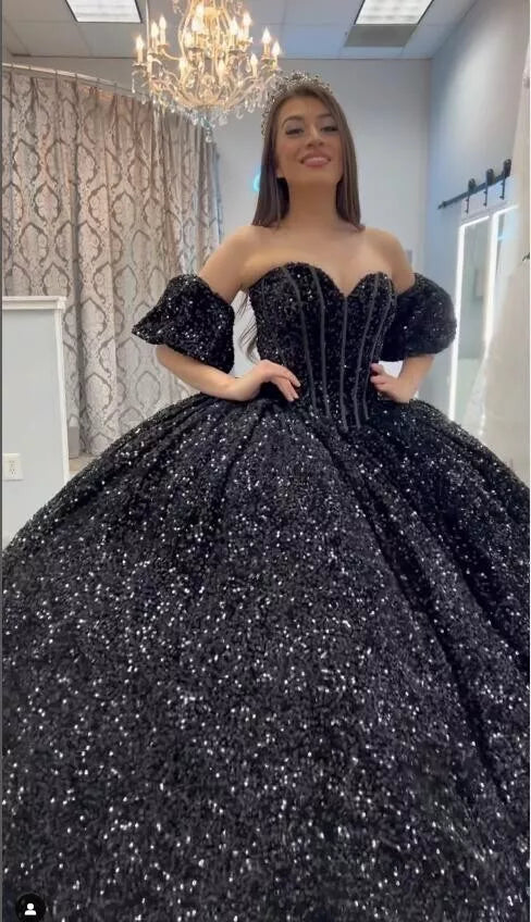 Princess black Quinceanera Dresses Sequin Bow with Bubble Sleeves Mychicdress