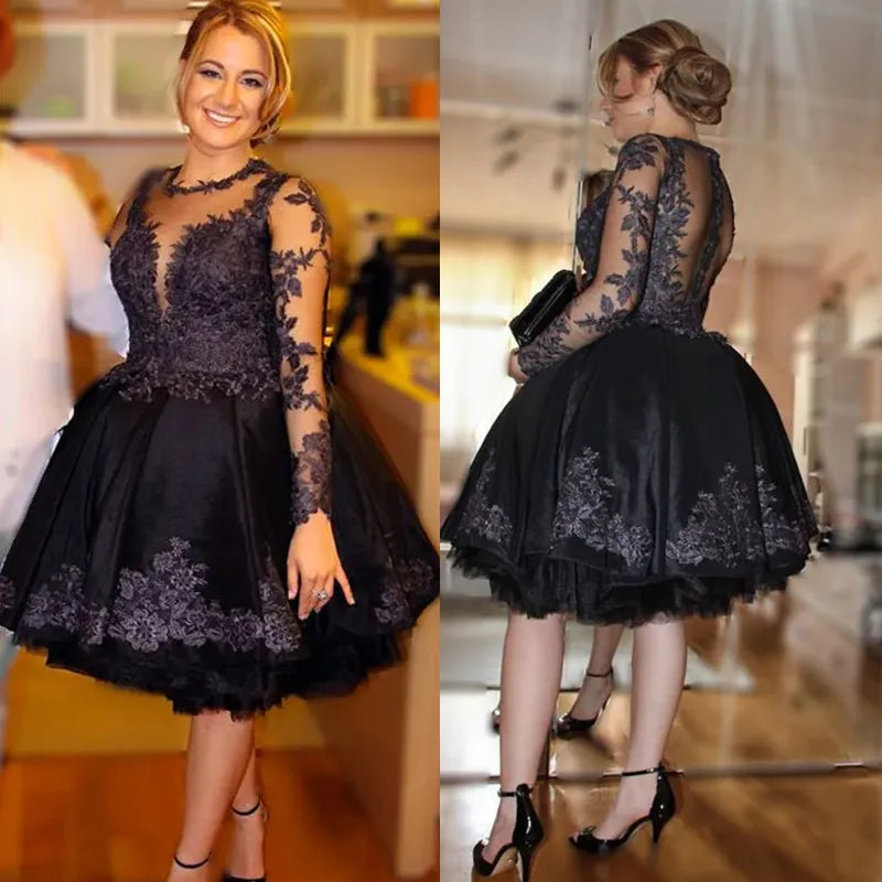 Black Short Lace Homecoming Dress Knee Length Long Sleeves Damas Dress Mychicdress
