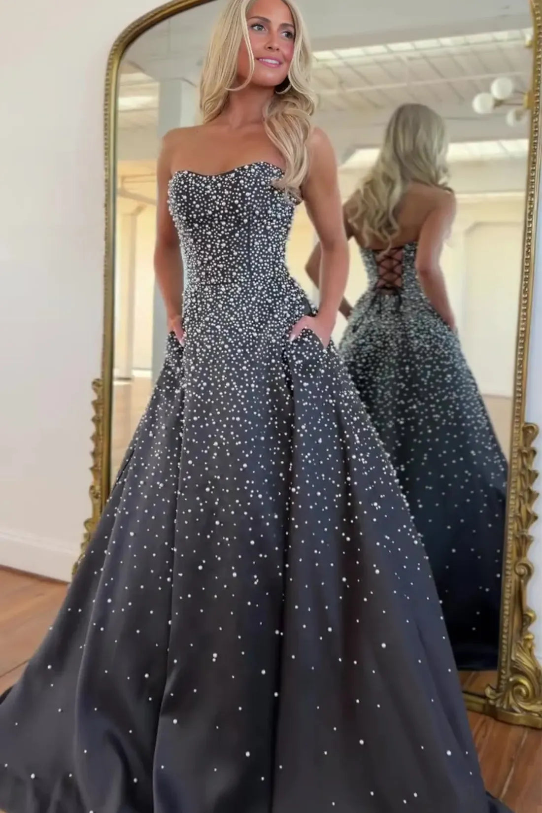 Light Blue Strapless Prom Dress Pearls A-line Satin Evening Dress Sweetheart