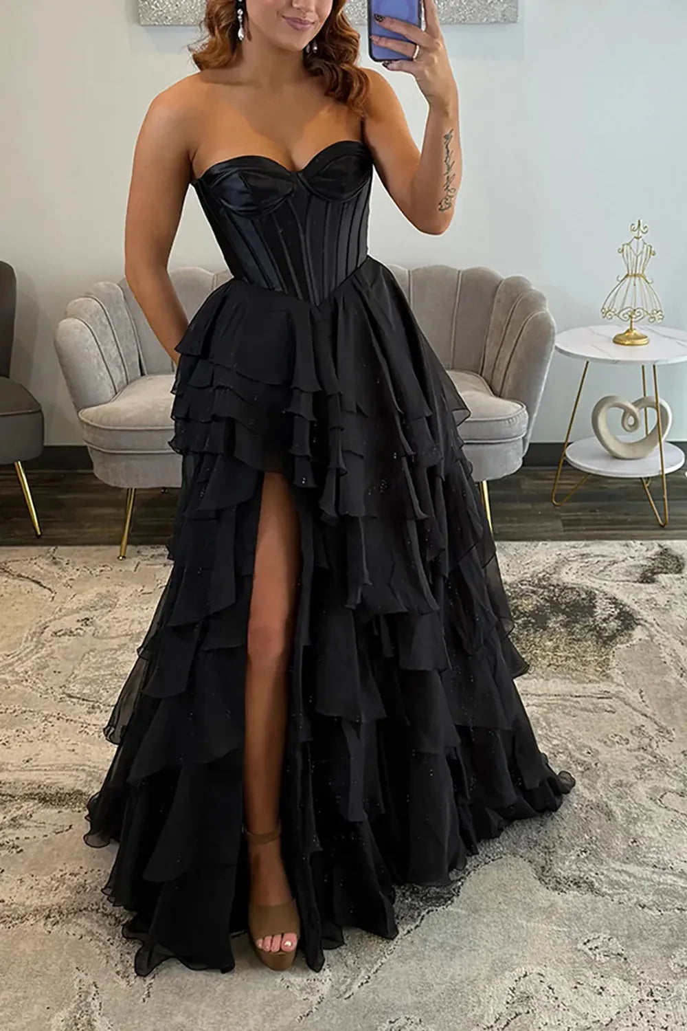 Black Strapless Ruffle Long Prom Dresses with Slit