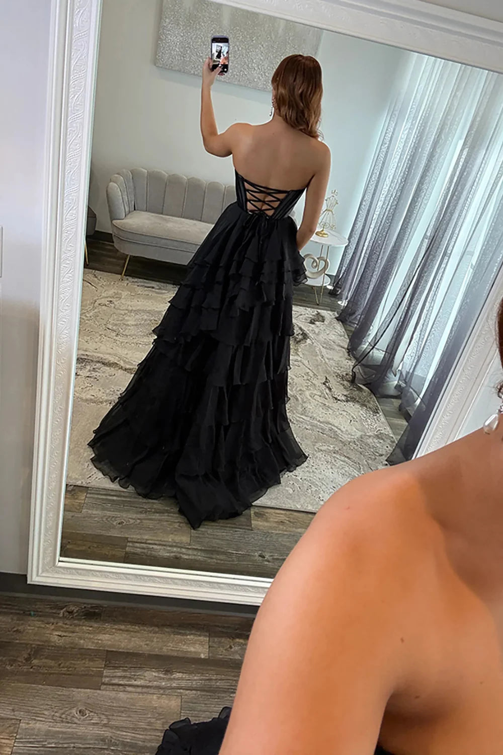Black Strapless Ruffle Long Prom Dresses with Slit