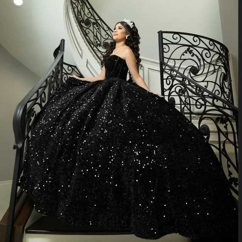 Black Sweet 15 Dress Sparkly Plus Size Quinceanera Dress Sequined