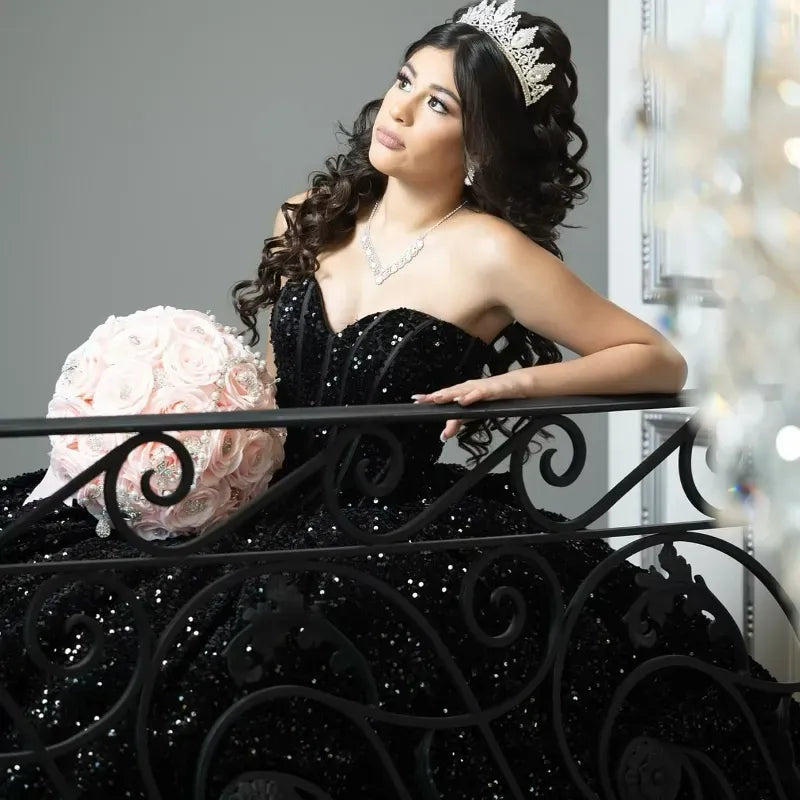 Black Sweet 15 Dress Sparkly Plus Size Quinceanera Dress Sequined