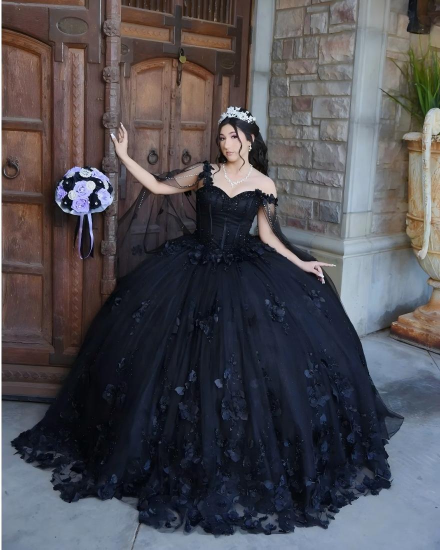 Black Sweet 16 Quinceanera Dress Cape Sleeve Sweetheart Beaded 3D Flowers