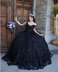 Black Sweet 16 Quinceanera Dress Cape Sleeve Sweetheart Beaded 3D Flowers