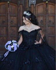 Black Sweet 16 Quinceanera Dress Cape Sleeve Sweetheart Beaded 3D Flowers